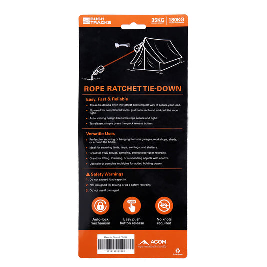 Bush Tracks 4mm x 4m Rope Ratchet Tie Downs with Carabiners - 4 Pack