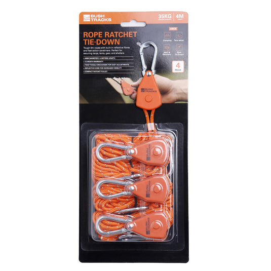 Bcf Rope Bush Tracks 4mm x 4m Rope Ratchet Tie Downs with Carabiners - 4 Pack ...