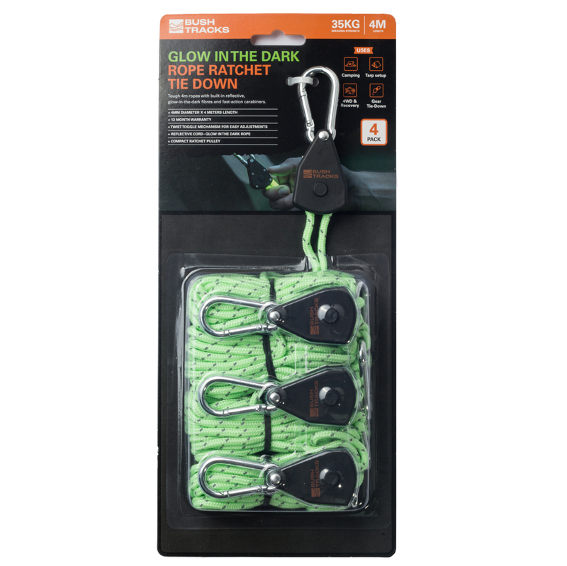 Load image into Gallery viewer, Glow In the Dark 4m Rope Ratchet Tie Downs with Carabiners - 4 Pack
